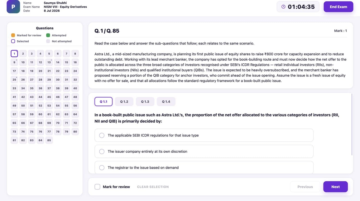 A PrepClever mock test in progress, showing the question, its options, the countdown timer and the question palette.